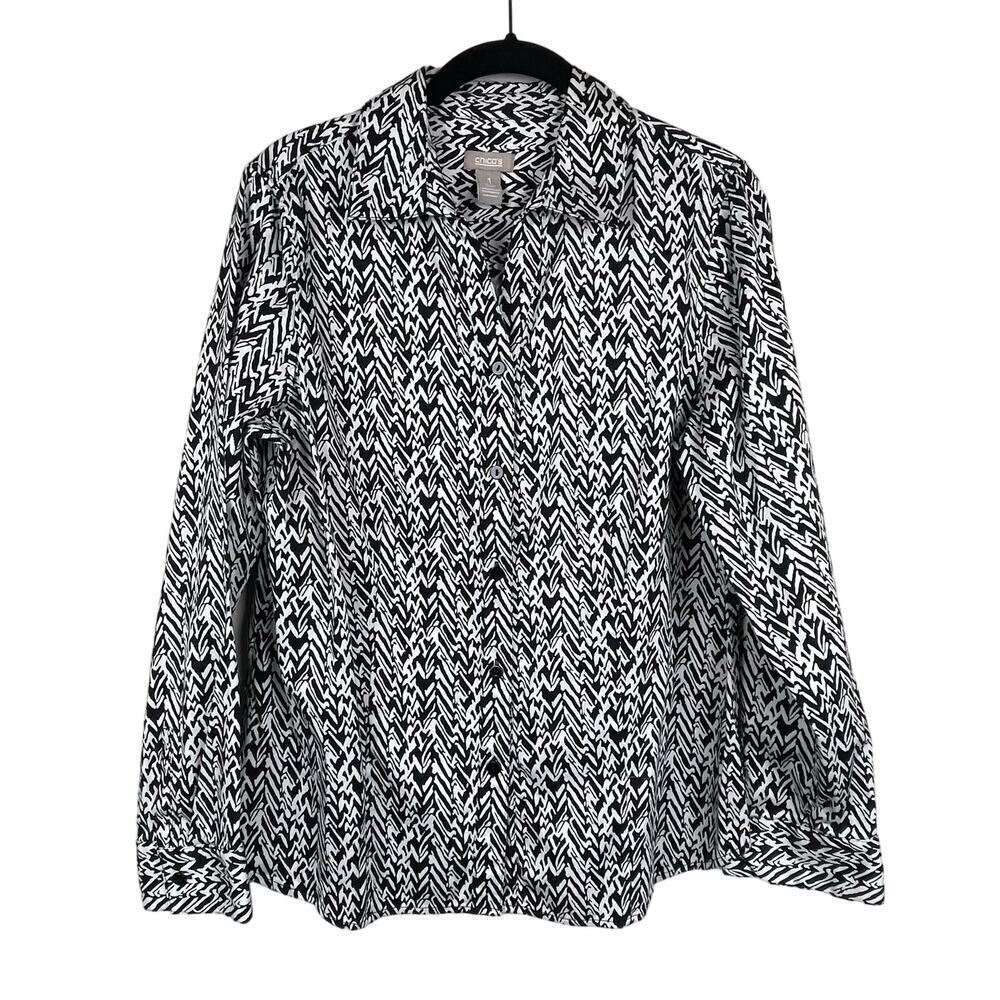 Chico's Size 1 US  Small Button Up Black‎ Brown White Print Top Long Sleeve